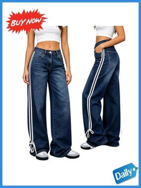 Stretchy Striped Straight Leg Jeans High Rise Casual Denim Pants
